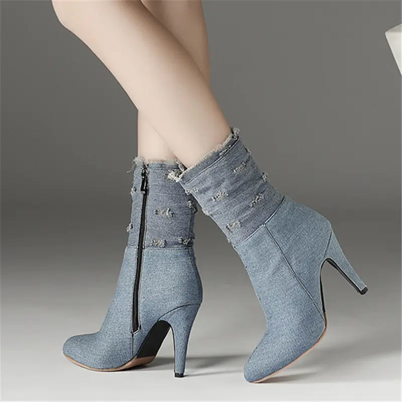 Pointed Toe High Heel Ripped Women's Denim Ankle Boots