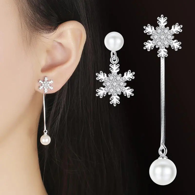 S925 Silver Korean Style Pearl Snowflake Earrings