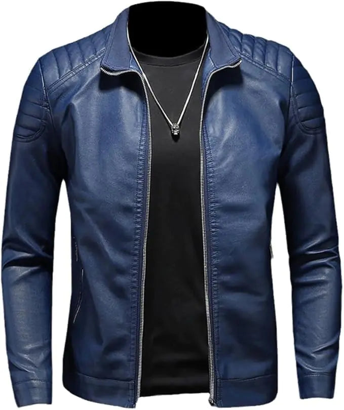 Maiyifu-GJ Mens Casual Stand Collar Slim Fit Faux Leather Jacket Biker Motorcycle Jacket Motorcycle Biker Jackets (BlueA1Large)