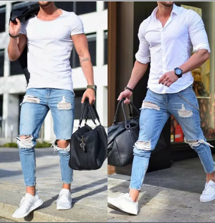 Men's Ripped Slim Fit Jeans - Casual Denim Trousers