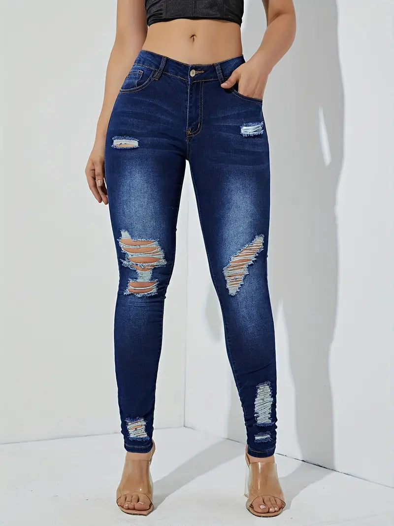 Blue Ripped Skinny Leg High Waist Denim Jeans for Women