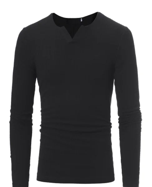 Men's Long Sleeve V-Neck Knit Top - Solid Color T-Shirt