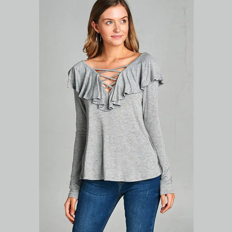 Long Sleeve V-Neck Ruffle Solid Color T-Shirt for Women