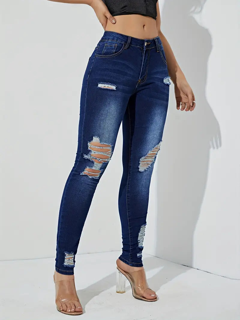 Blue Ripped Skinny Leg High Waist Denim Jeans for Women