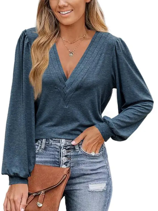 ZAAYO Womens Long Sleeve Tops Dressy Casual V Neck Shirts Fall Puff Sleeve Loose Tunic Trendy Tops Blouses Blue