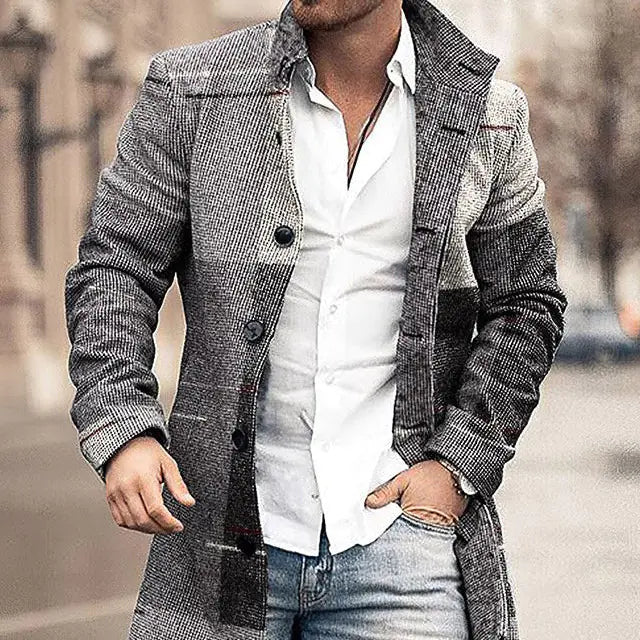 Men's Woolen Stand Collar Medium Long Casual Coat
