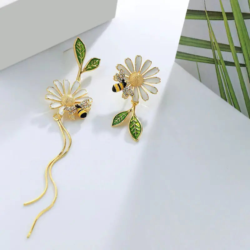 Asymmetrical Daisy Flower and Bee Long Tassel Earrings