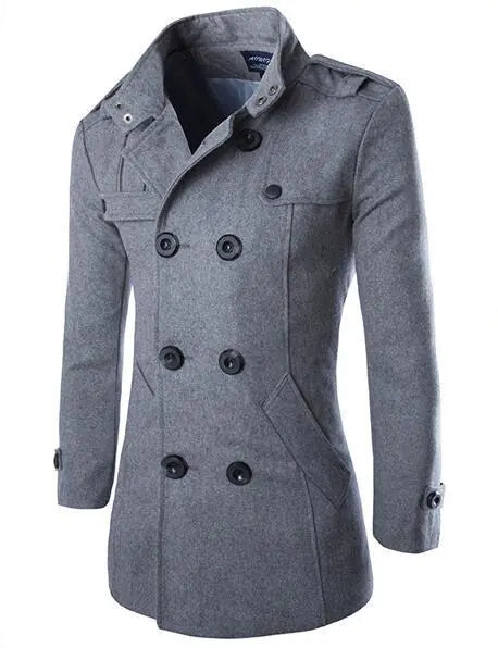 Men's Long Sleeve Wool Trench Coat with Stand Collar
