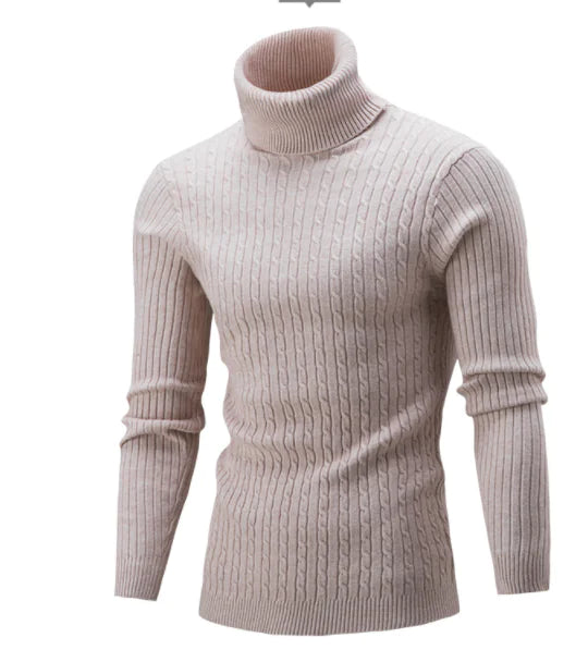 Men's Knit Sweater, High Neck, Solid Color Cable Top