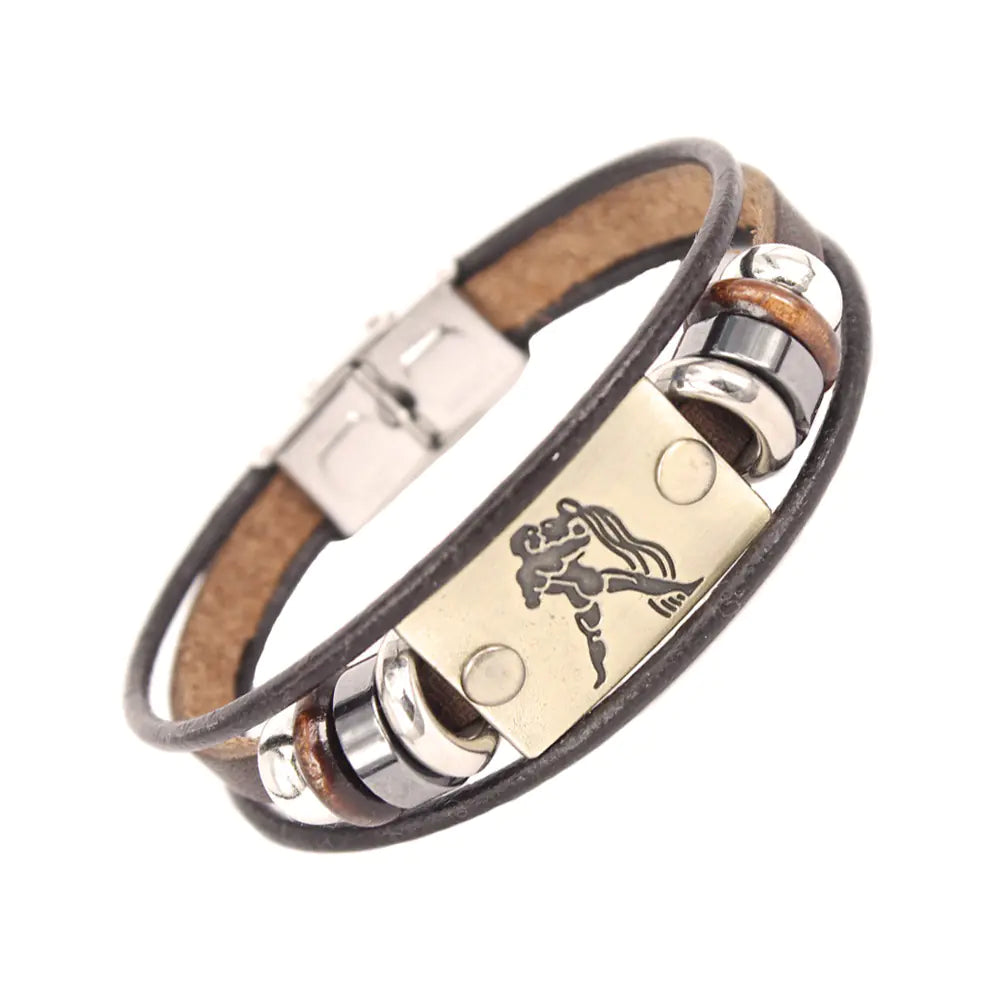 Zodiac Leather Bracelet with Stainless Steel Clasp
