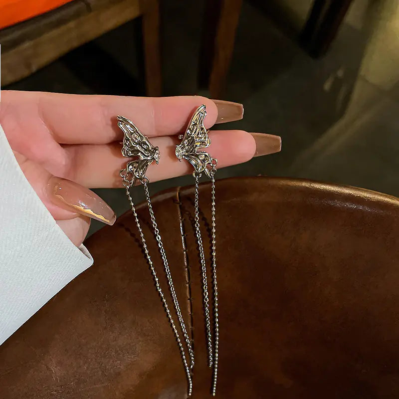 Silver Needle French Baroque Pearl Flower Tassel Earrings