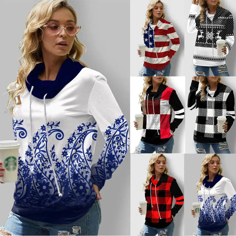 Checkered Long Sleeve Turtleneck Sweatshirt for Women