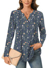 Bestbee Womens Long Sleeve Button-Down Shirts V Neck Tunic Tops 2024 Fall Tops Casual T-Shirts Dressy Blouses L Flowers-Navy Blue