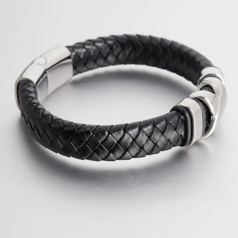 Stainless Steel Men's Leather Braided Bracelet