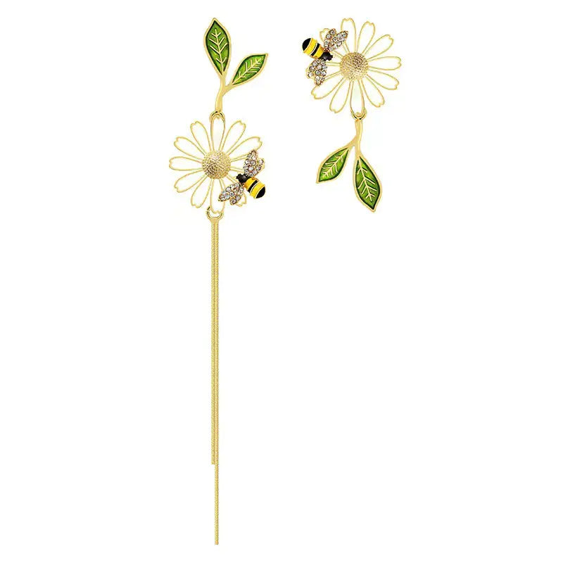 Asymmetrical Daisy Flower and Bee Long Tassel Earrings