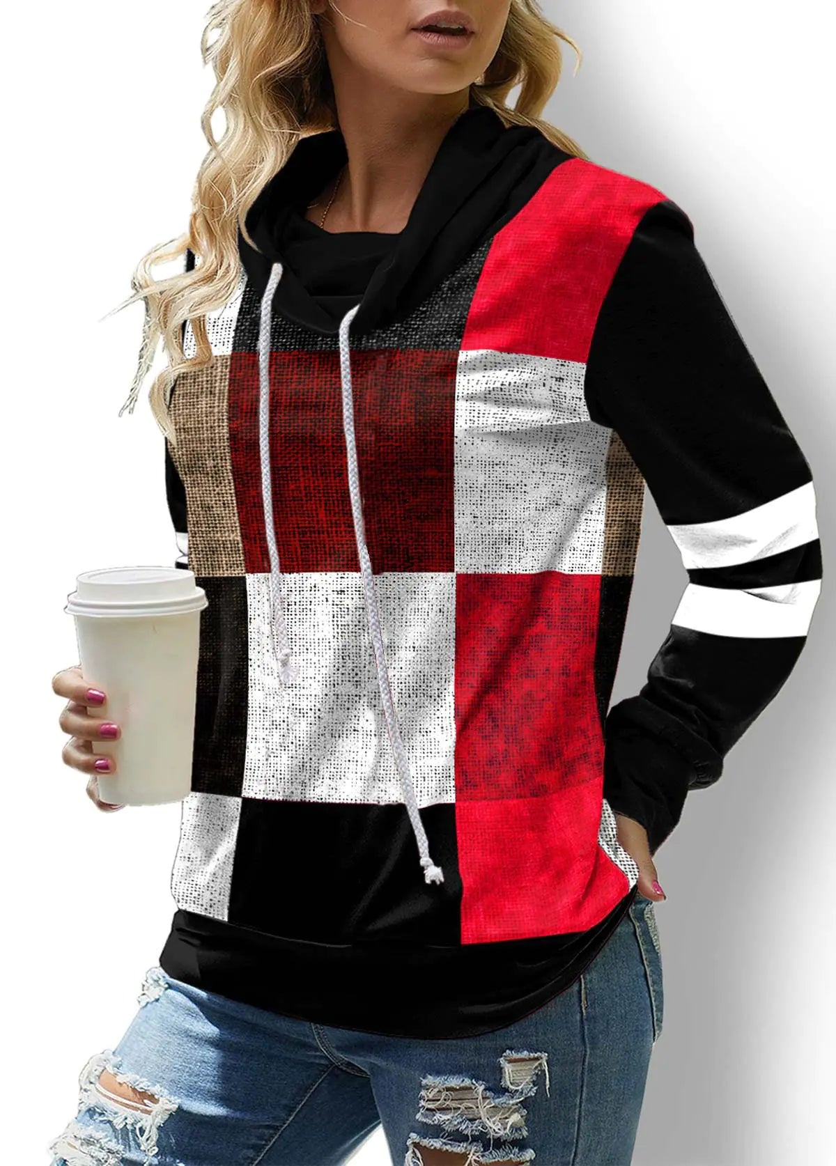 Checkered Long Sleeve Turtleneck Sweatshirt for Women