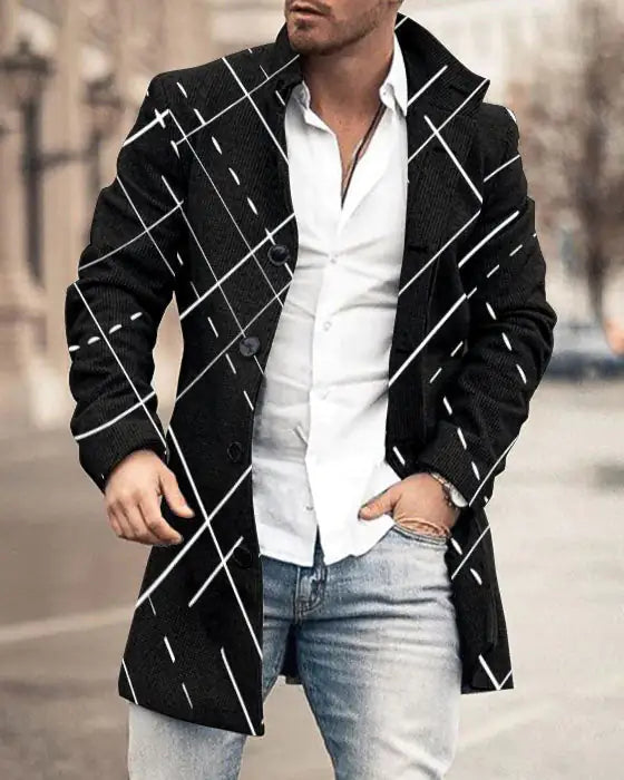 Men's Woolen Stand Collar Medium Long Casual Coat