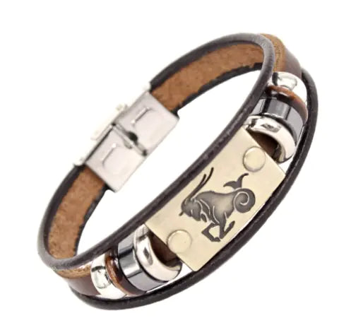 Zodiac Leather Bracelet with Stainless Steel Clasp