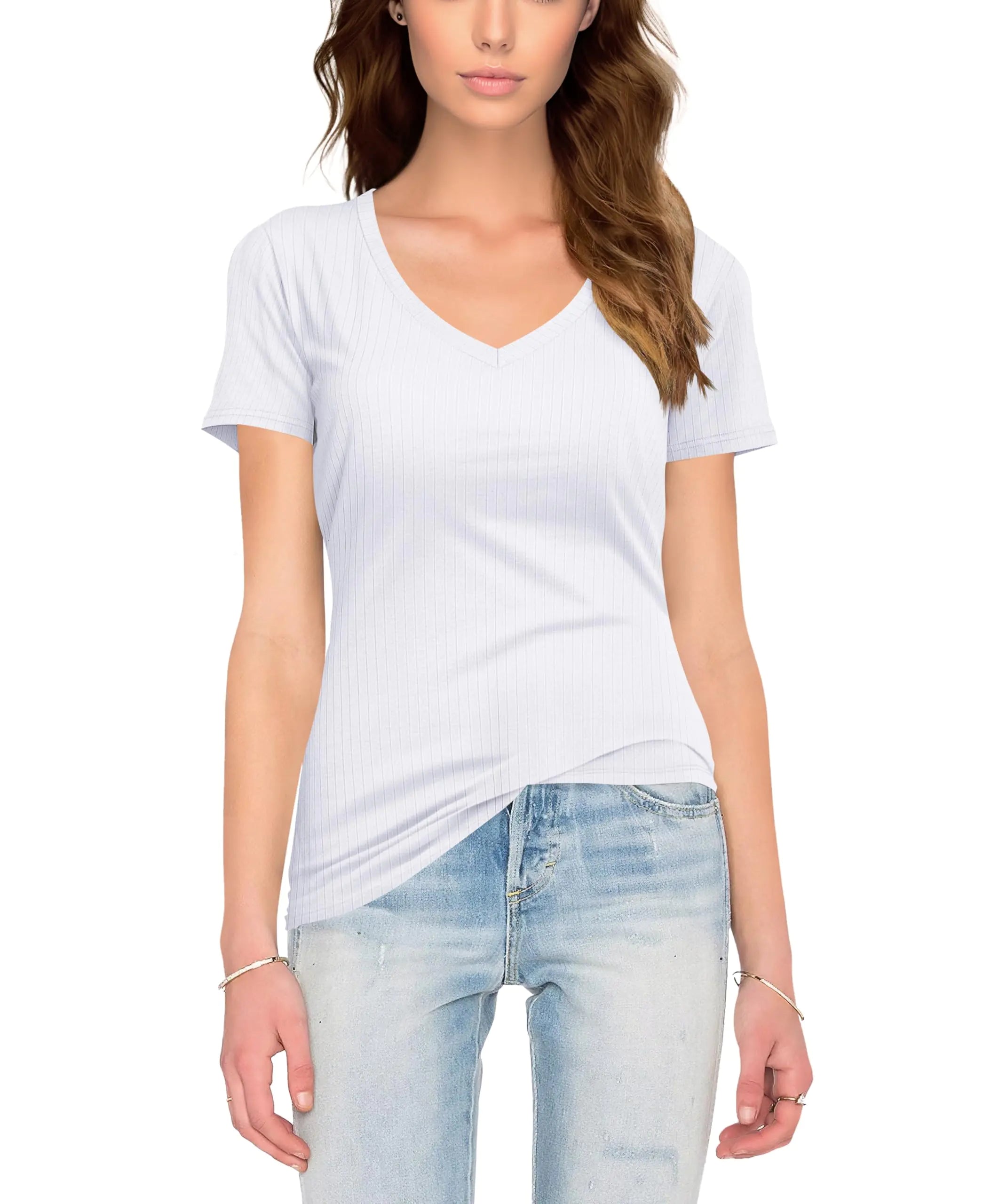 Womens Tops V Neck Short Sleeve Ribbed Basic Tee Summer Casual Shirts