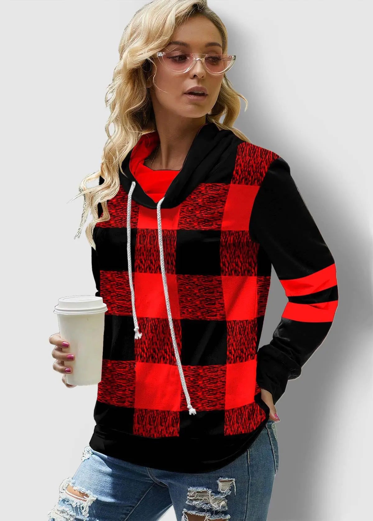 Checkered Long Sleeve Turtleneck Sweatshirt for Women