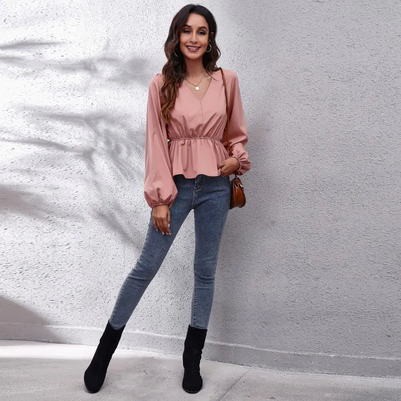 Solid Color V-neck Long-sleeve Chiffon Shirt for Women