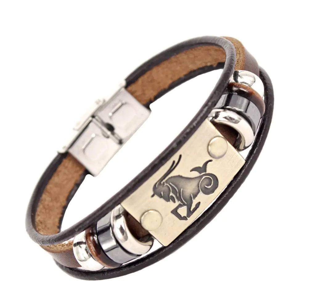 Zodiac Leather Bracelet with Stainless Steel Clasp