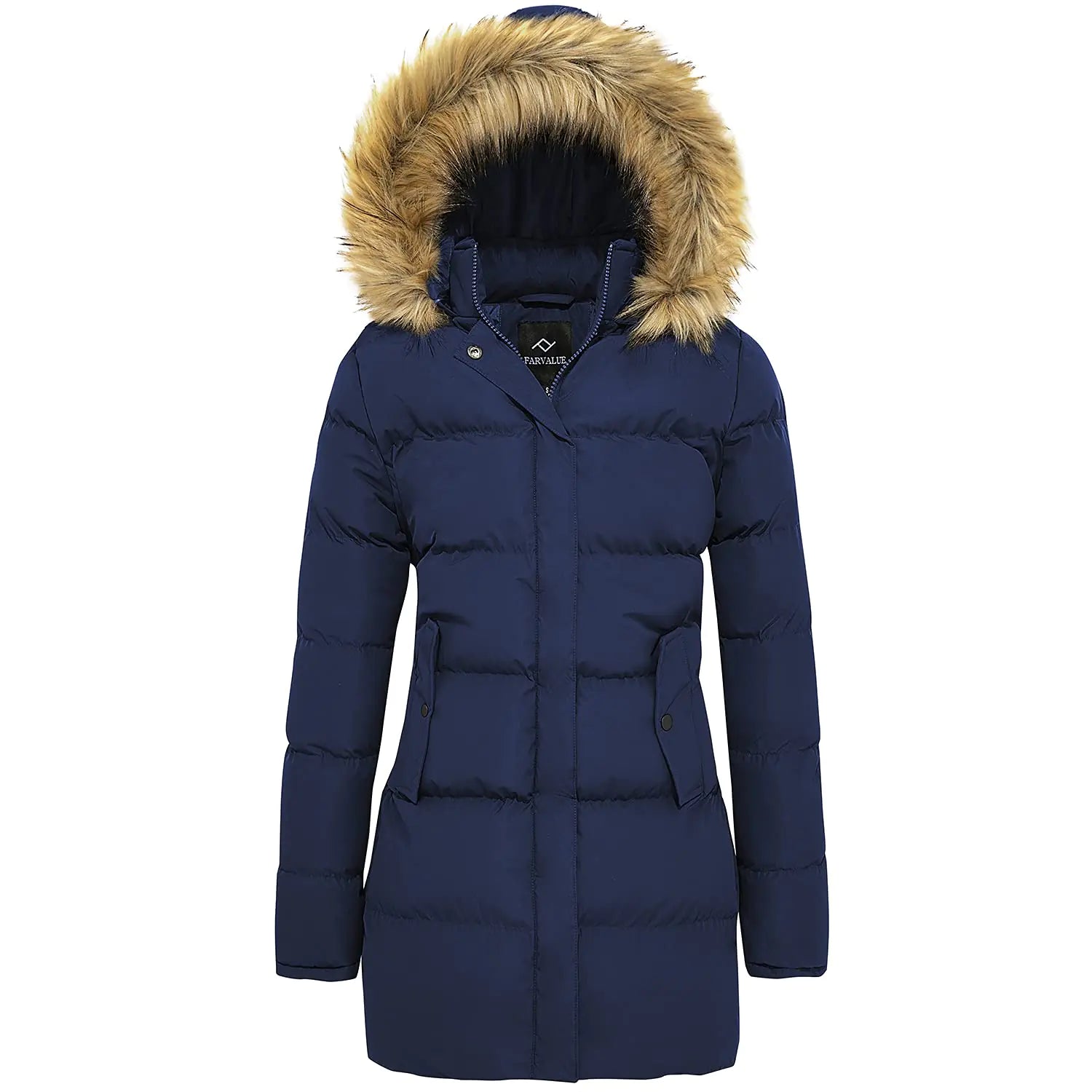 FARVALUE Womens Winter Coat Warm Parka Jacket Puffer Quilted Thicken Hooded Outerwear with Fur Trim Navy XX-Large