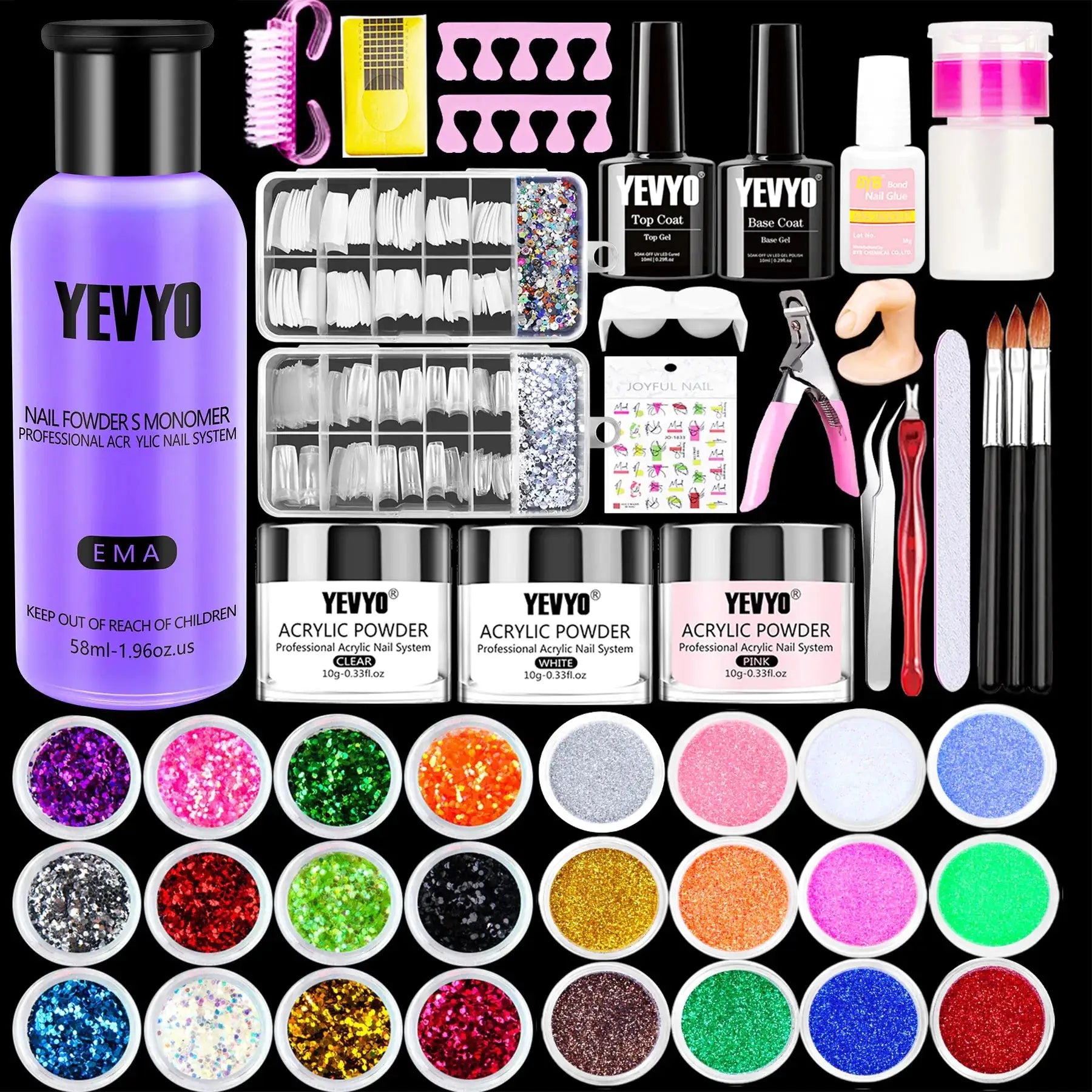 Acrylic Nail Kit, 24 Color Glitter Acrylic Powder Monomer Liquid Set, Nail Kit Set Professional With Everything Acrylic Brushes And 200 Pcs Nail Tips For Extension Beginner