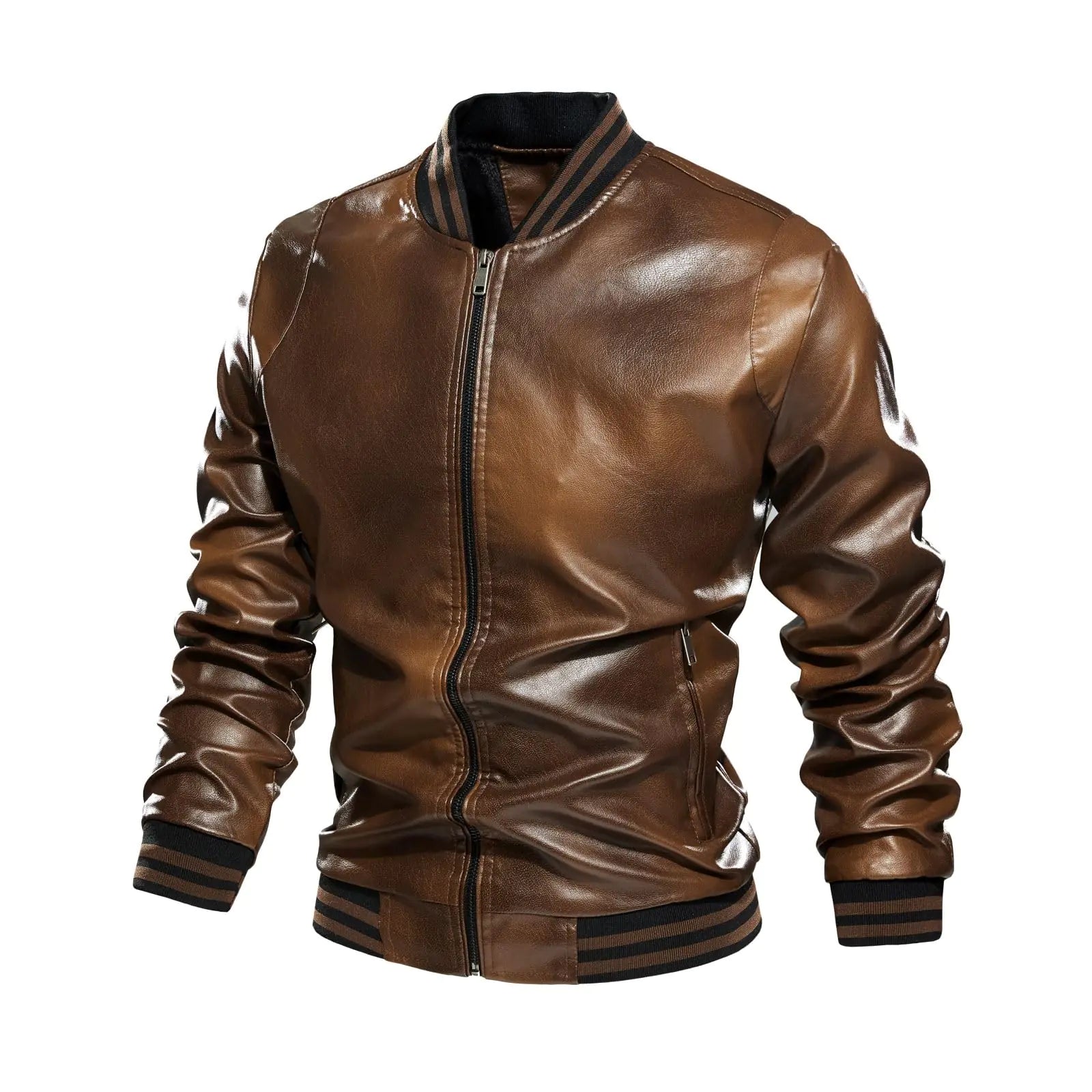 Dipucool Mens Stand Collar leather jacket Motorcycle Lightweight Leather Jacket Men Faux Leather Bomber Casual Outwear