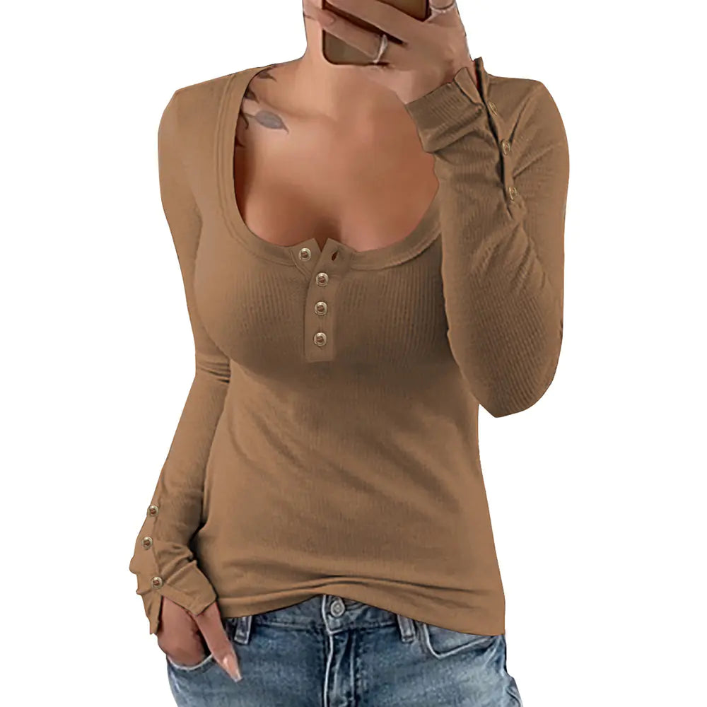 Solid Color Slim Fit Square Neck Knit T-shirt for Women