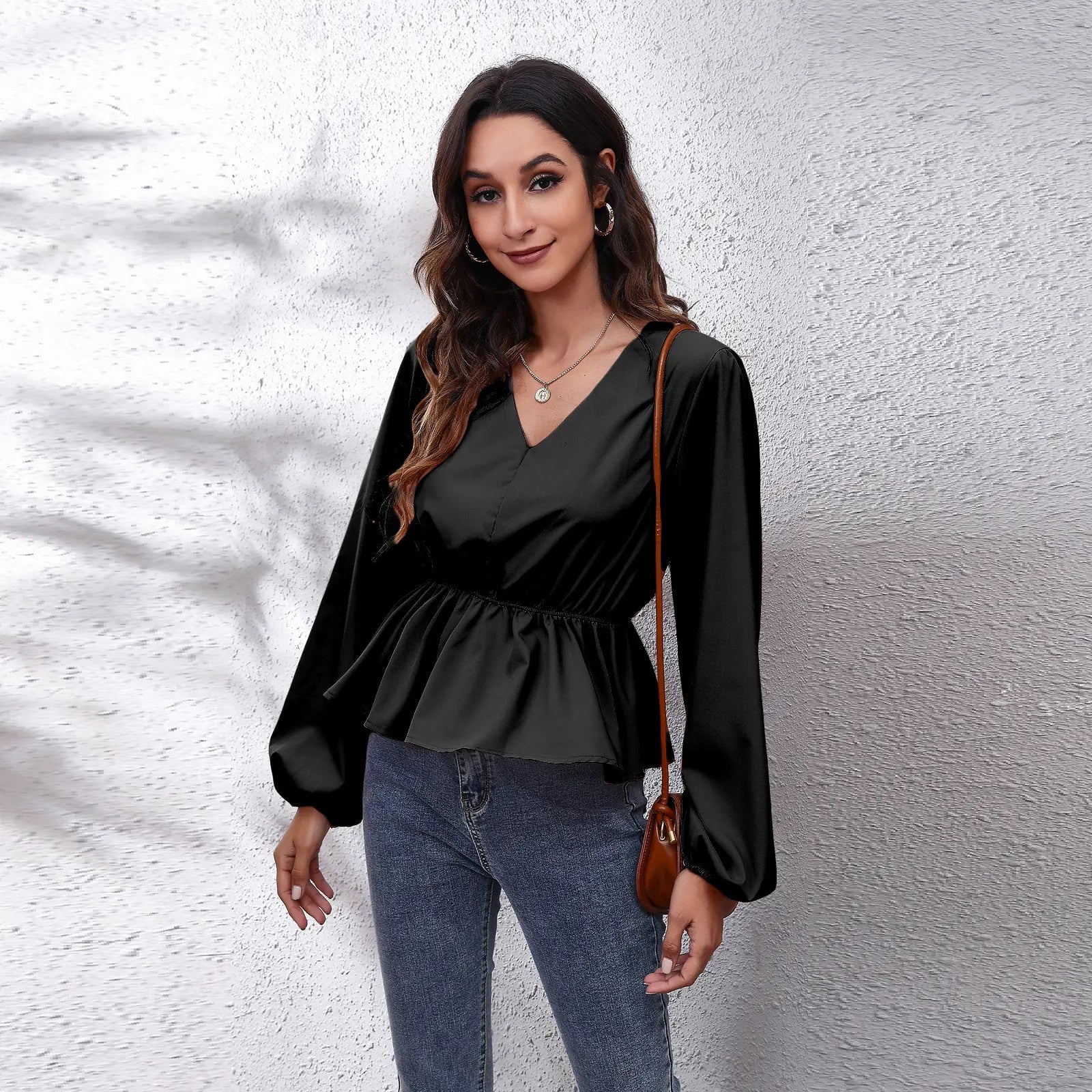 Solid Color V-neck Long-sleeve Chiffon Shirt for Women
