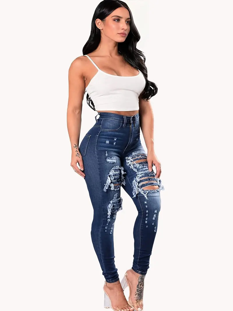 Blue Ripped Skinny Jeans with Distressed High Waist