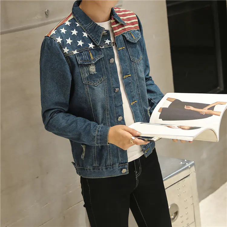 Men's Ripped Denim Jacket - Slim Fit Korean Style
