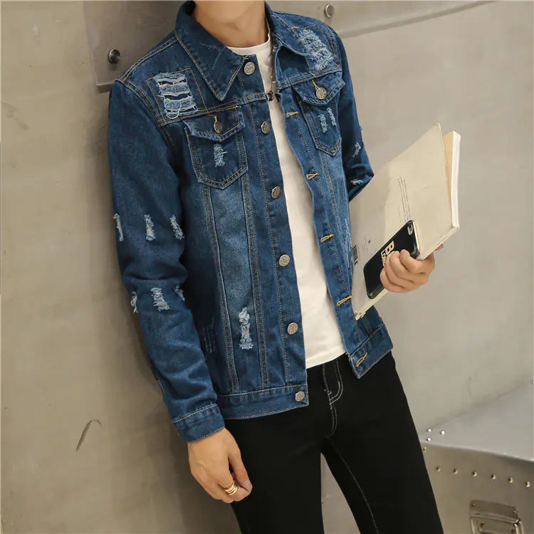 Men's Ripped Denim Jacket - Slim Fit Korean Style