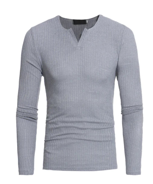 Men's Long Sleeve V-Neck Knit Top - Solid Color T-Shirt
