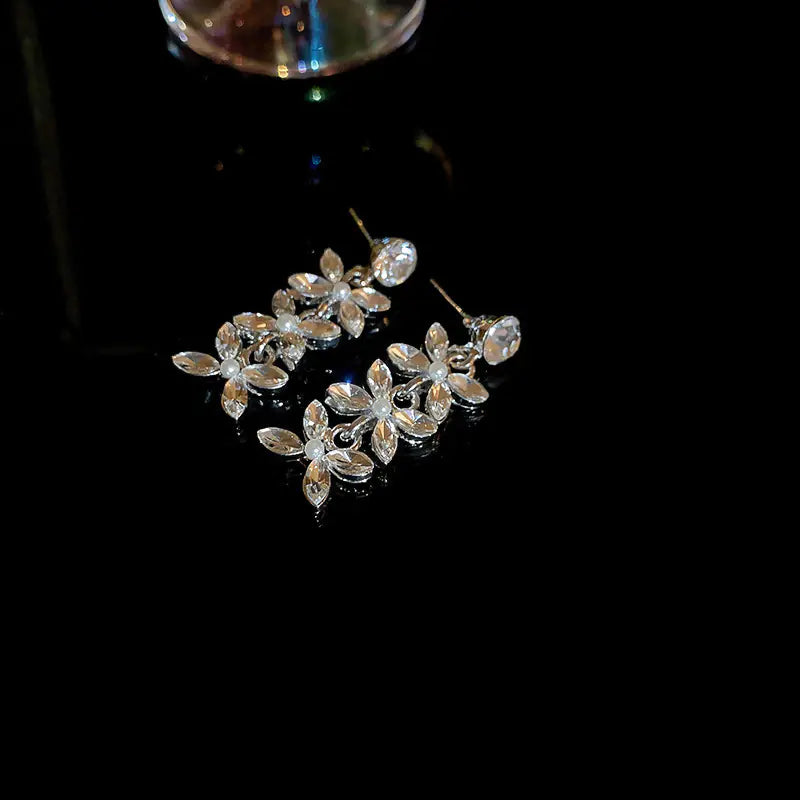 Silver Needle French Baroque Pearl Flower Tassel Earrings