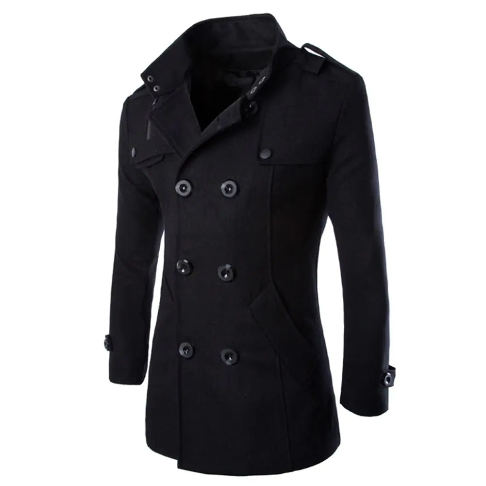 Men's Long Sleeve Wool Trench Coat with Stand Collar