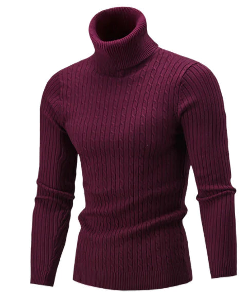 Men's Knit Sweater, High Neck, Solid Color Cable Top