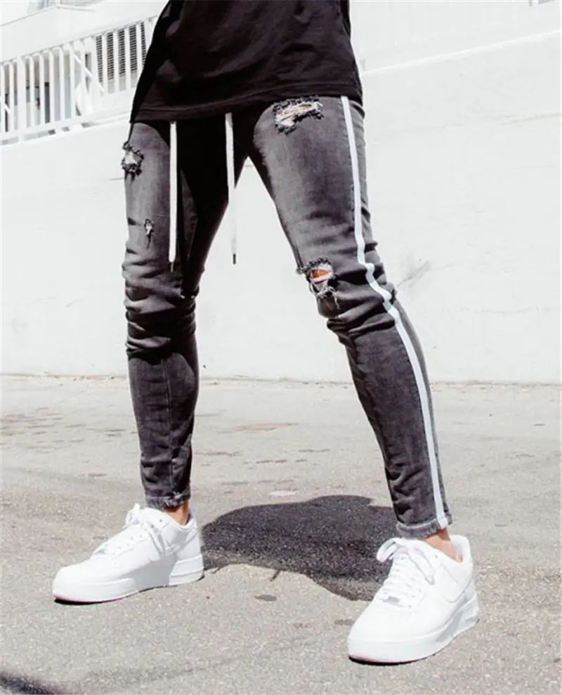 Men's Ripped Denim Trousers - Slim Fit Casual Pants
