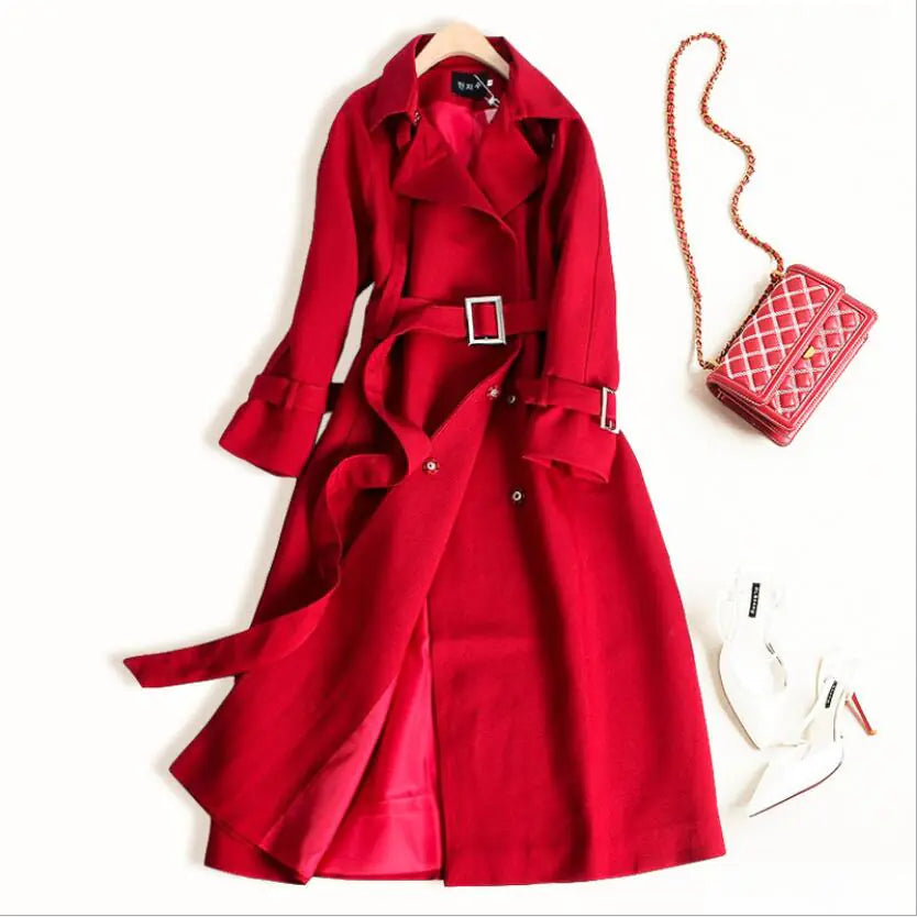 Solid Color Double-Breasted Waist-Defining Trench Coat
