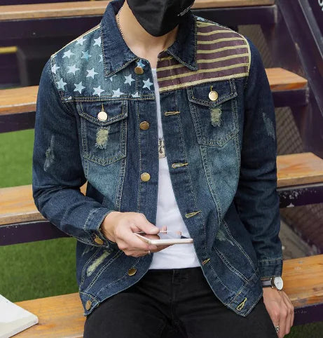 Men's Ripped Denim Jacket - Slim Fit Korean Style