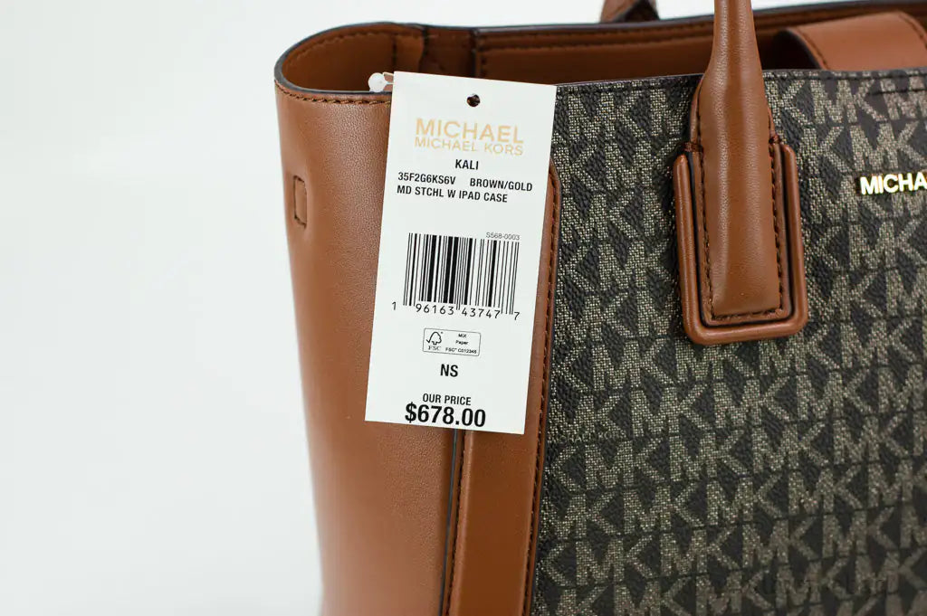 Michael Kors Kali Medium Brown Pale Gold Signature PVC Satchel iPad Case Handbag
