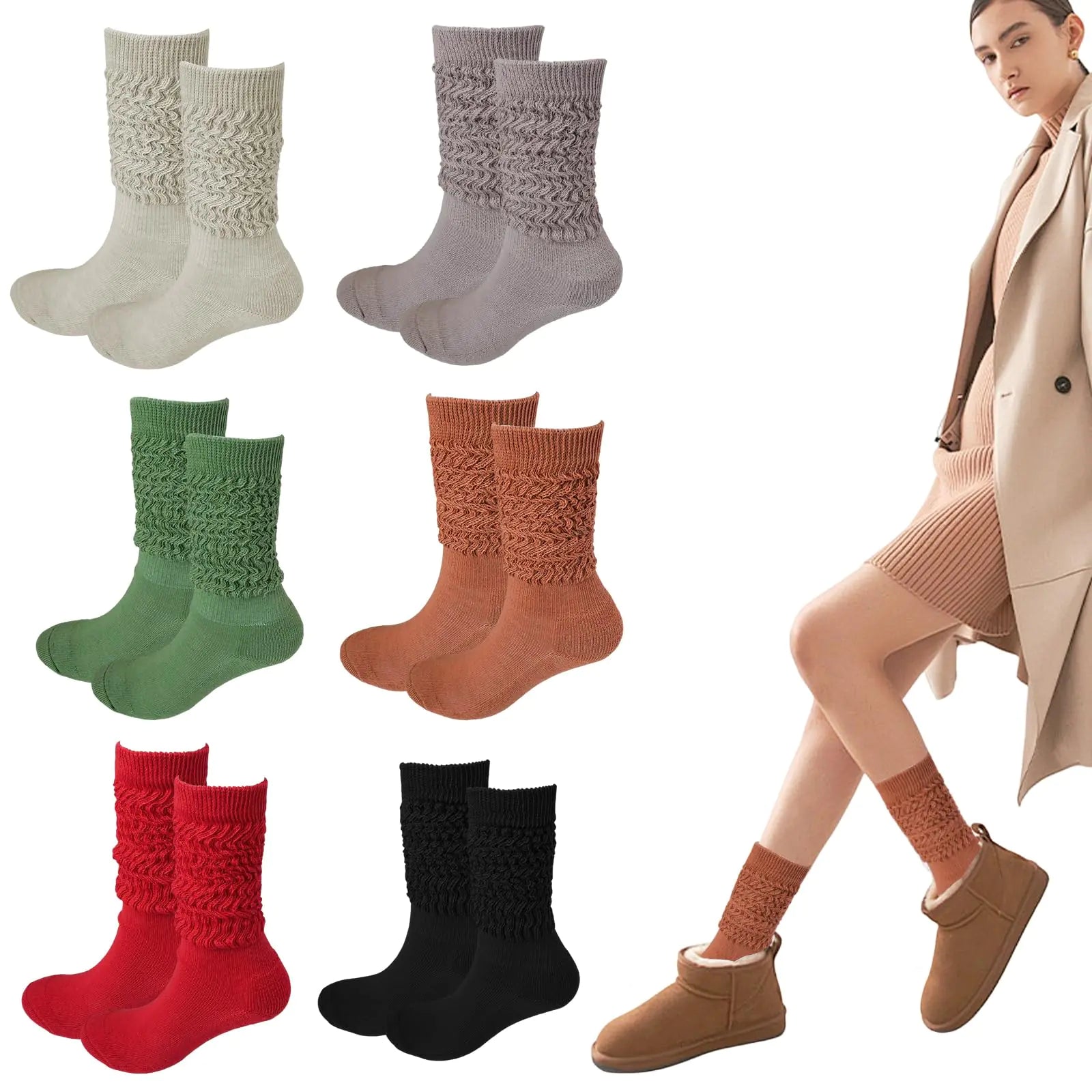 CMINAUS 6 Pairs Slouch Socks for Women Bulk Stacked Socks Winter Knee Thigh High Slouch Socks Boot Socks Soft Scrunch Socks Size 5-10-Rustic Color