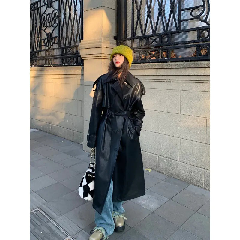 Advanced Sense Thick Loose Black Leather Coat