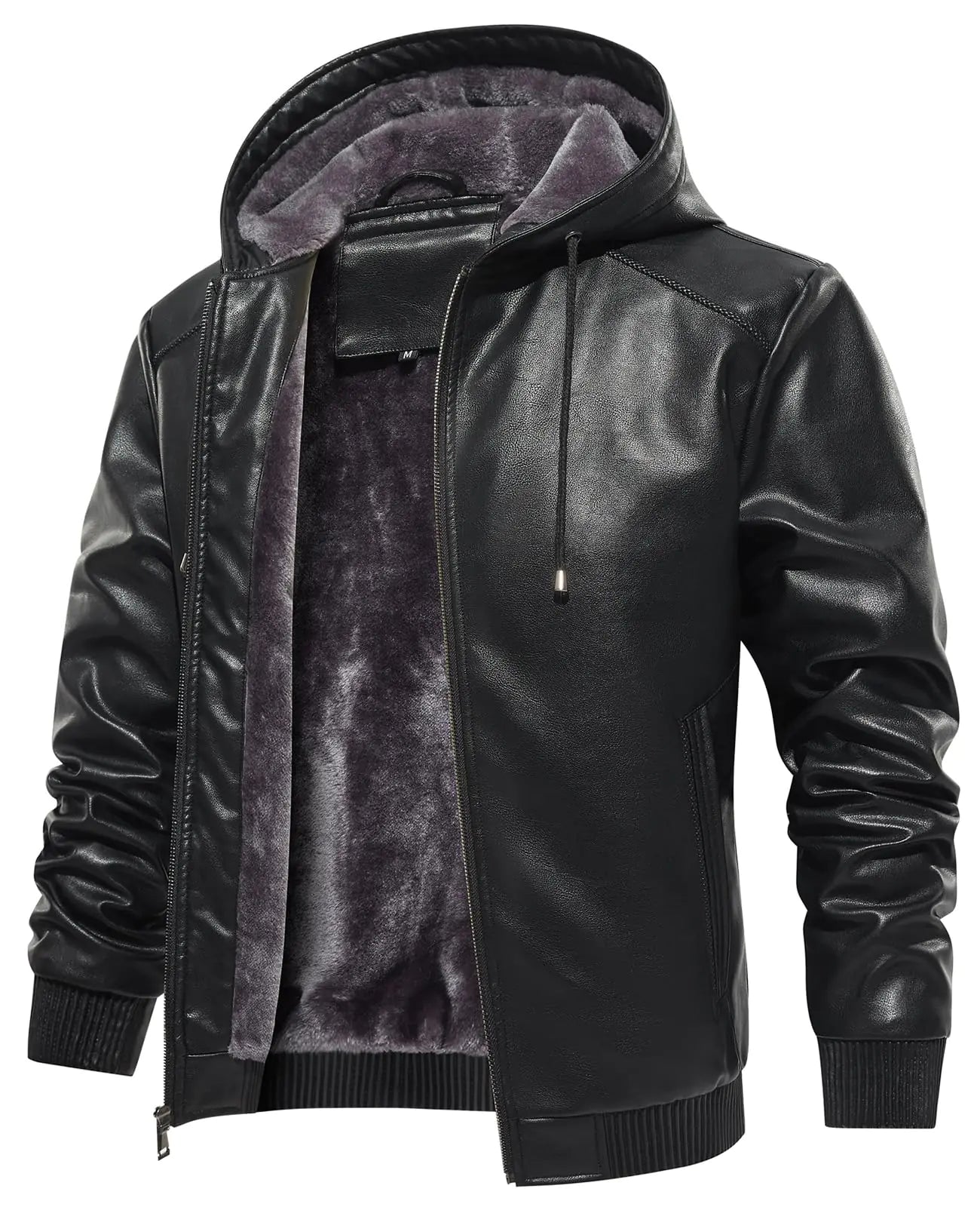 MANSDOUR Mens Faux Leather Jacket Warm Black Motorcycle Jacket Fleece Lined Leather Bomber Jacket with Hood Casual Stylish Coat Men Biker PU Leather Jacket