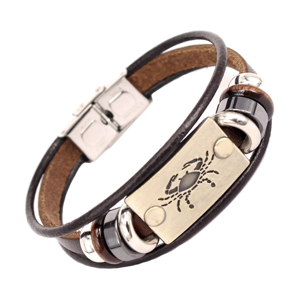 Zodiac Leather Bracelet with Stainless Steel Clasp