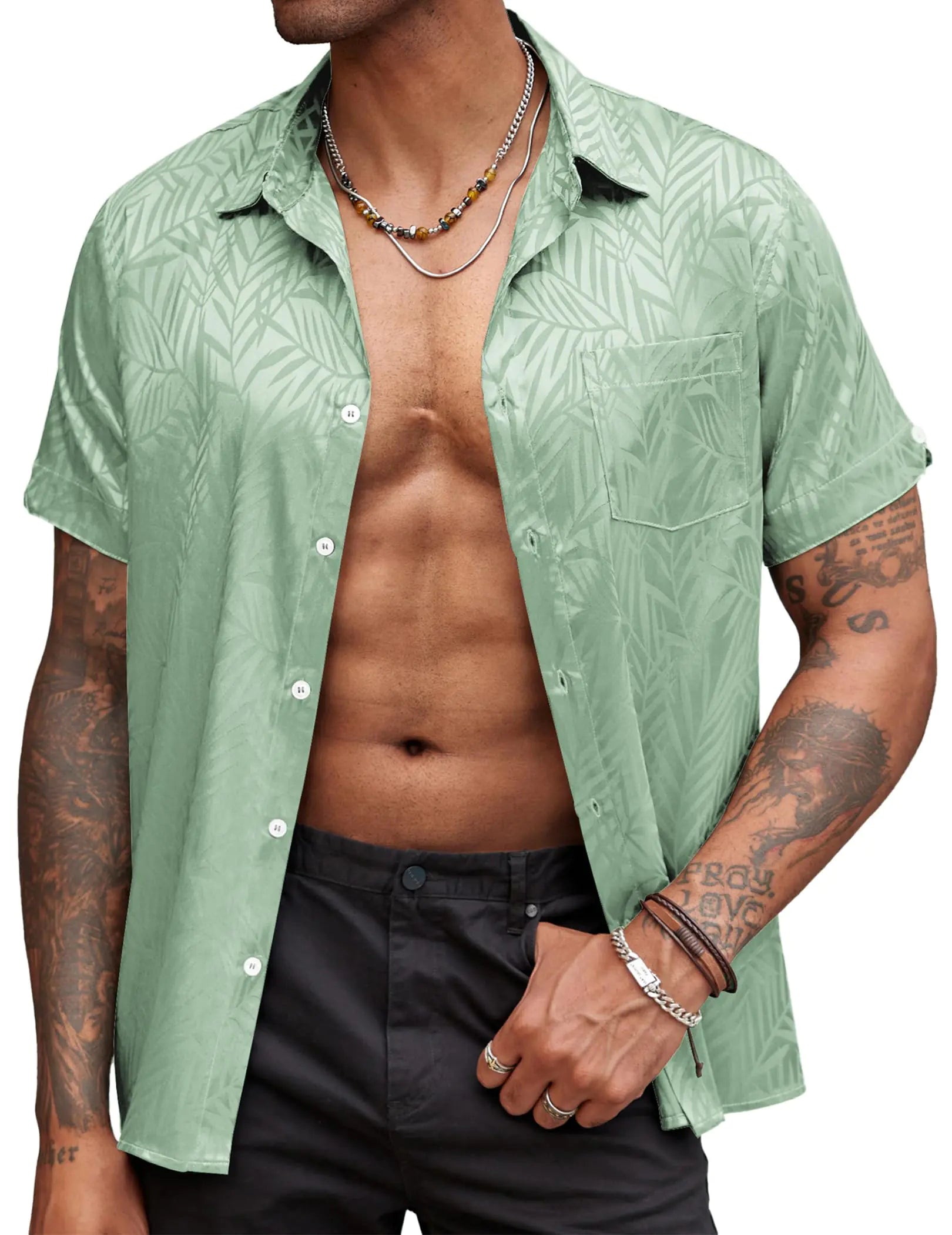 COOFANDY Mens Silk Short Sleeve Button Down Shirts Summer Casual Dress Shirt Light Green