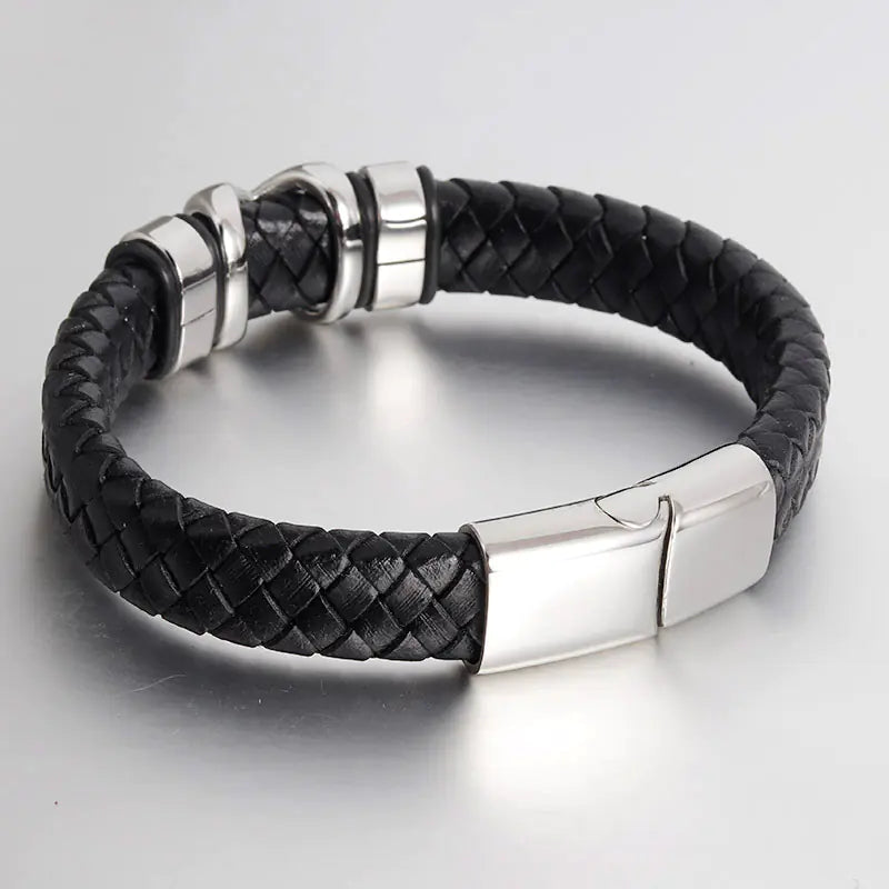 Stainless Steel Men's Leather Braided Bracelet