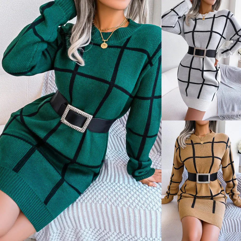 Chic Plaid Contrast Sweater Dress