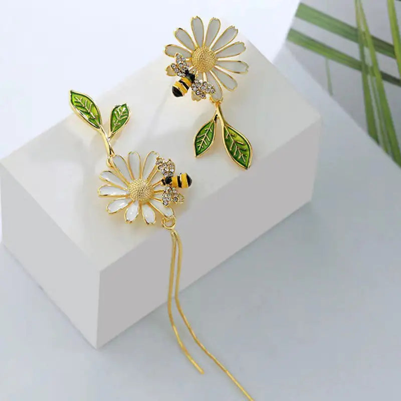 Asymmetrical Daisy Flower and Bee Long Tassel Earrings